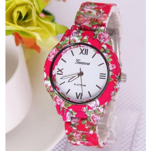 TOP NEW Big Size Flowers Watch Geneva Platinum Printed FLOWERS Plastic Band Analog Quartz Women wristwatch Vintage Fashion