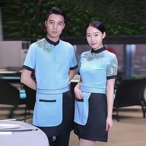 Summer Short Sleeved Work Clothes Hotel Restaurant Farmhouse Waiter Uniforms Tea House Food Service Work Wear for Women Men