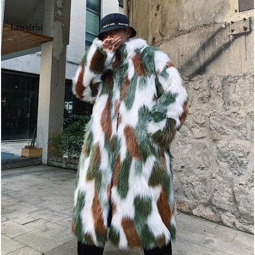 Flower Leather Fur Keep Warm Windbreak Men Coat Long Warm Mens Camouflage Thick Fur Collar Coats Jacket Faux Fur Parka Outwear