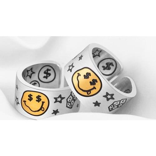 Punk Smile Ring for Man Retro Charm Money Symbol Creative Jewelry Hip Hop Party Finger Pendant Birthday Valentines Day Gift