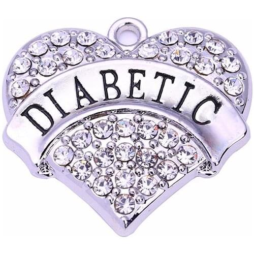Alloy Rhodium Plated Words DIABETIC Crystal Heart Pendant
