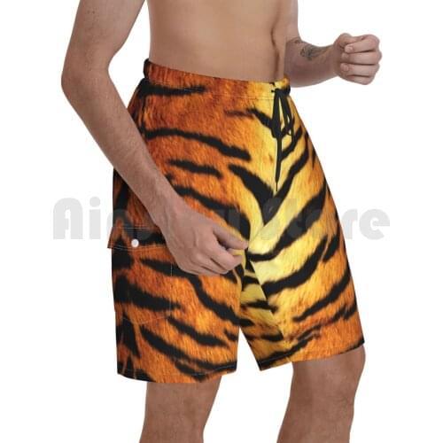 Realistic Tiger Skin Print Beach Shorts Men Beach Pants Swim Trunks Tiger Animalprint Realistic Skin Orange Black