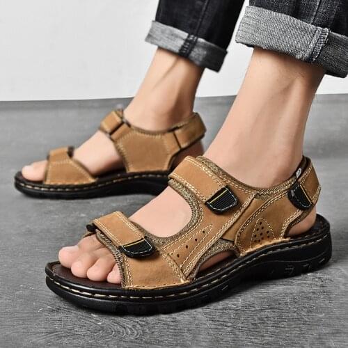 Topvivi men leather sandals summer classic Outdoor Leather Handmade Men Beach Sandals big Size 47 sandals mens 2021 designer