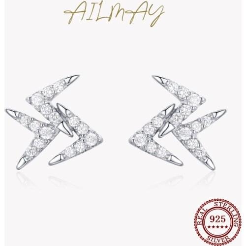 Ailmay Fashion Asymmetry Geometric Design CZ Stud Earrings For Women Personality 925 Sterling Silver Wedding Jewelry