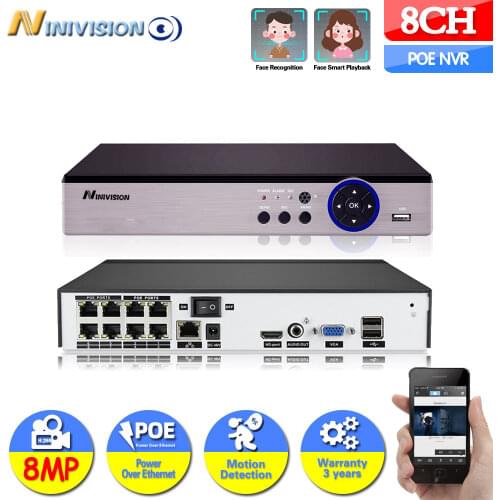 NINIVISION 8CH 4K POE NVR with 8 Port CCTV Network Video Recorder Support Face Detection H.265 for IP Camera Security System