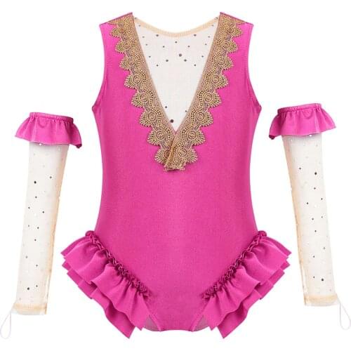 Kids Girls Showman Dancewear Mesh Splice V-Shape Back Leotard with Arm Sleeves Gymnastics Lyrical Ballroom Dance Class Costumes