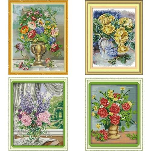 Vase Oil Painting Flowers Cross Stitch Kits Embroidery Needlework Patterns Stamped 11CT 14CT Printed Thread Counted Fabric Gifts