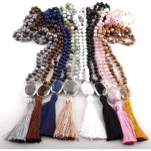 RH Fashion Jewelry Natural Beads Long Knotted Semi Precious Link Tassel Necklaces For Women Bead necklace