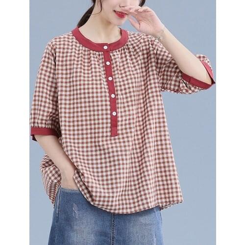 Oversized Women Cotton Linen Casual T-shirts New Arrival 2021 Summer Arts Style Vintage Plaid Loose Female Tops Tees S3120