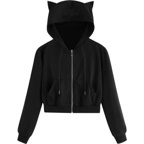 Womens Casual Full Zip Crop Top Hoodie Sweatshirt Jackets With Kawaii Cute Ears Teen Girls Solid Long Sleeve Coats Sudaderas