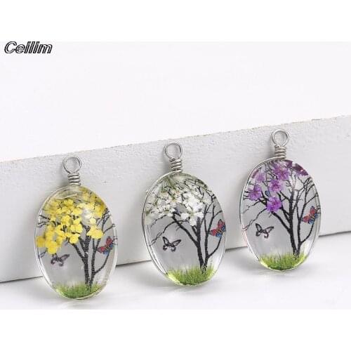 10pcs Oval Crystal Glass Cabochon Ball Real Dried Flower Tree Pendant Charms For Necklace Earring Making Diy Jewelry Findings