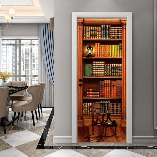 3D Retro bookcase Door Wall Sticker for Home Decor Art Mural creative Vinyl Wallpaper Waterproof door decoration stickers