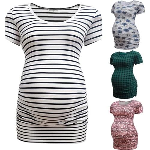 #45 Maternity Shirts For Women Summer Stripe Lattice Print O-neck Short Sleeve Casual T-shirt Pregnant Tops Camiseta Premama