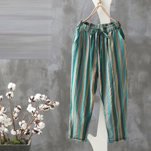 Summer Fashion Women Pants Plus Size Loose Casual Elastic Waist Striped Harem Pants Vintage Cotton Linen Ankle-length Pants D125