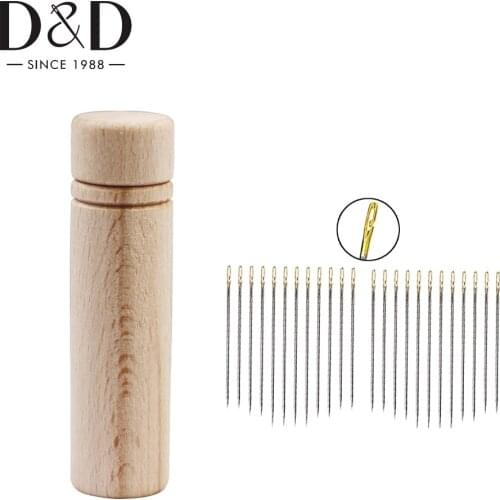 D&D 12pcs Self Threading Needles Stitch Embroidery Hand Sewing Needle & Mini Wooden Sewing Needle Case DIY Sewing Tools