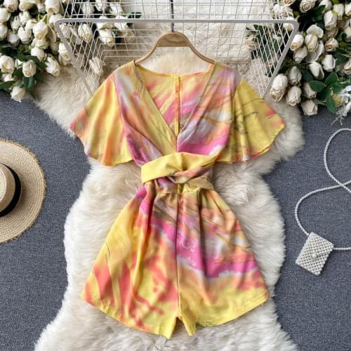 SINGREINY Design Tie Dye Rompers Women Fashion V Neck Flying Sleeve Wide Leg Jumpsuits Summer Sexy Hollow Backless Short Rompers