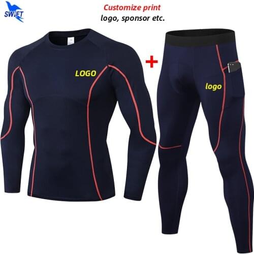 2020 Men Quick Dry Compression 2Pcs Running Set Long Sleeve Shirt+Pants Sport Suit Gym Fitness Rashguard Workout Clothes Custom
