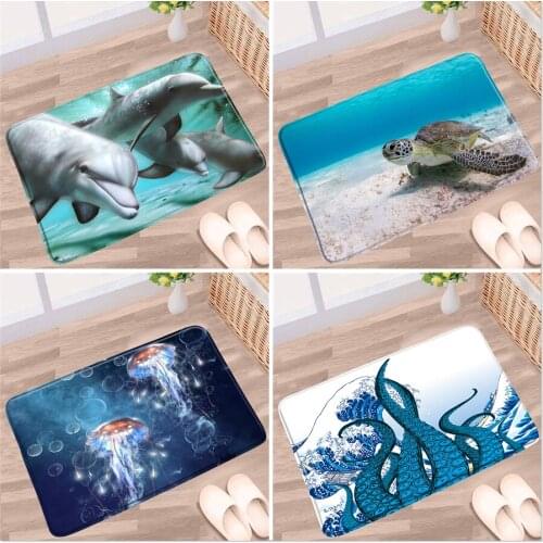 Doormat Ocean Animal Bathroom Mat Dolphin Sea Turtle Octopus Jellyfish Landscape Non-slip Rug Bath Kitchen Entrance Aisle Carpet