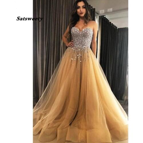 Beautiful Sweetheart Rhinestone Bodice Beaded Tulle Gold Prom Dresses Long 2021 A-Line Crystal Evening Party Prom Dress