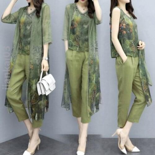 Summer Green Chiffon Printed 3 Piece Set Women Plus Size Vest Top+Cardigan+Cropped Pants Elegant Suits Office Lady Women Clothes