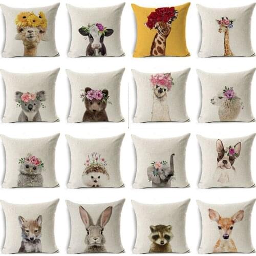 2021 New Lovely Animals Floral Crown Pillows Cover Modern Fashion Linen Throw Pillows Case Sofa Chair Couch Kids Cushions Cover
