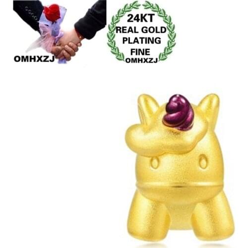 OMHXZJ Wholesale CA372 European Fashion Hot Fine Woman Man Party Birthday Wedding Gift Unicorn Beads DIY 24KT Gold Pendant Charm