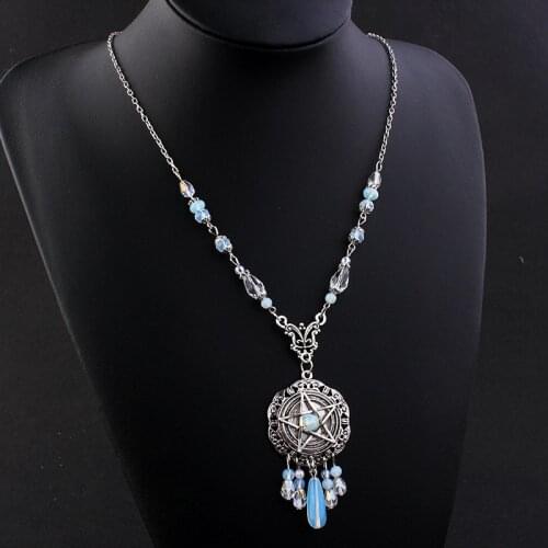 Gothic Mystic Pattern Pentagram Necklace for Women Opal Stone Tassel Pendant Bead Chain Accessories Witchcraft Jewelry VGN057