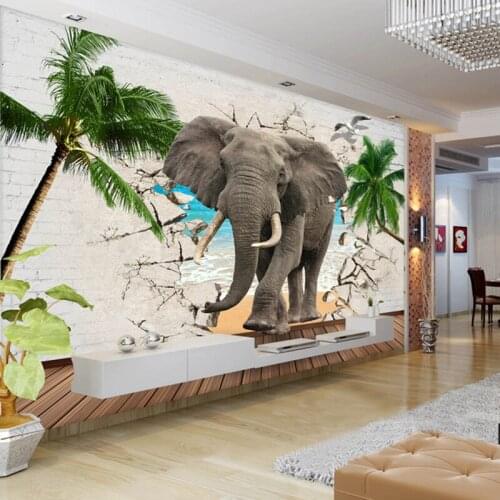 Custom Photo Wallpaper 3D Elephant Broken Wall Coconut Trees Living Room Bedroom TV Background Wall Decor Animal Mural Wallpaper