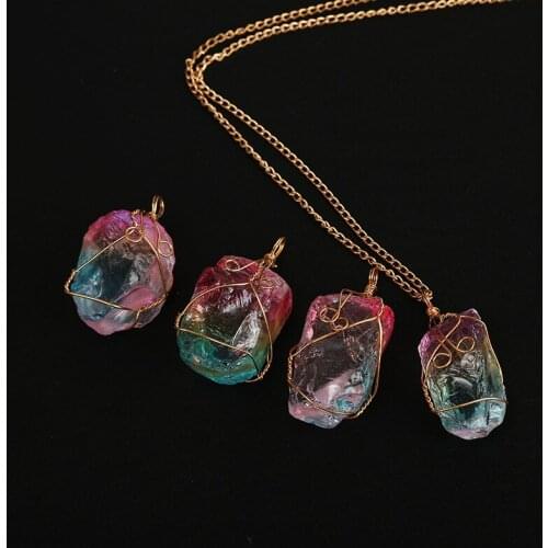 Drop shipping Seven color natural stone wound crystal pendant transparent multicolor chain necklace choker