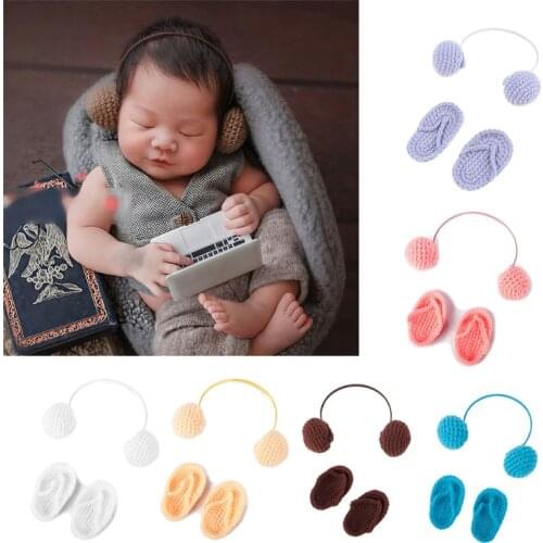 NewBorn Photography Props Hand Crochet Baby Slippers +Headset Set Baby Photo Props Shoes Photography Accessories