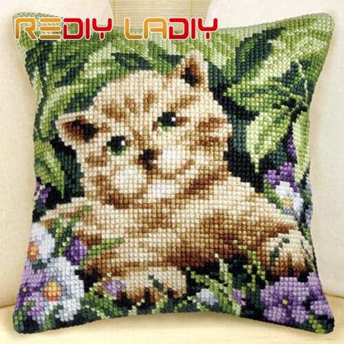 DIY Cross Stitch Cushion Front Garden Puppy Flowers Pillows Chunky Cross-Stitch Kits 100% Acrylic Yarn Pillow Case Arts & Crafts