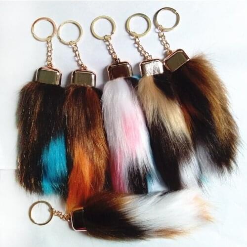 Blue Brown White Series Fur Tails Key Chains Faux Fox Fur Pompon Car Key Ring Women Bag Charms Fox Fur Tail Off White Key Chains