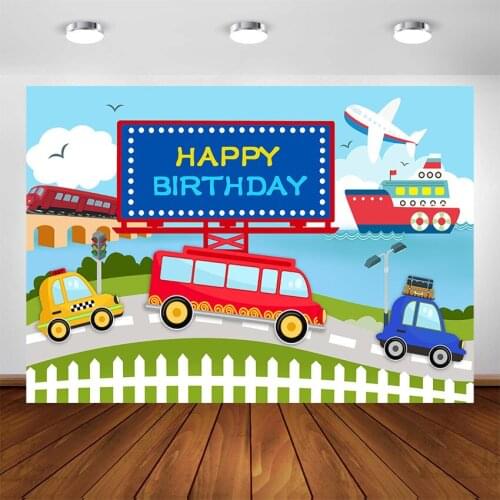 Transportation Birthday Party Backdrop Public Transport Photography Background Vehicles Cars Train Travel Party Decoration
