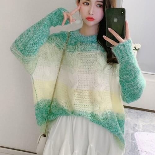 Long sleeves Spring 2021 Autumn Korean Rainbow gradient color Knitted Sweaters Women Tops Young girl Loose Casual Sweaters 1623A