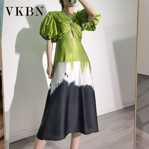 VKBN Summer Dresses Women Casual Hollow Out Zipper Lantern Sleeve V-Neck High Waist Maxi Dress Print Green Evening 2021
