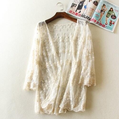 Hollow Out Embroidery Lace Shirt Three-quarter Sleeves Transparent Women Chiffon Cardigan Summer Outwear Tops 2020 Fashion