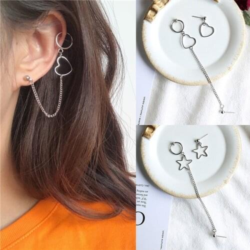 1pair Women Punk Long Chain Drop Earrings Clip Circle Asymmetry Hollow Heart Pentagram Dangle Earrings Hip Hop Irregular Jewelry