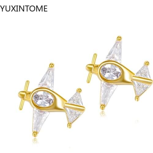 925 Sterling Silver Ear Needle Minimalist Airplane Earring for Women Gold Color Geometry Pave Crystal Earrings Fashion Jewelry