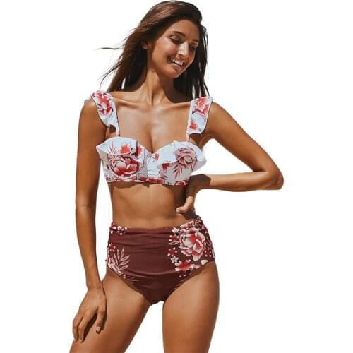 SAILBEE 2021 New Sexy Suit Beach Wear Swim Double Shoulder Ruffle Bikini Set High Waist Swimwear Women Swimsuit V-Neck Bathing