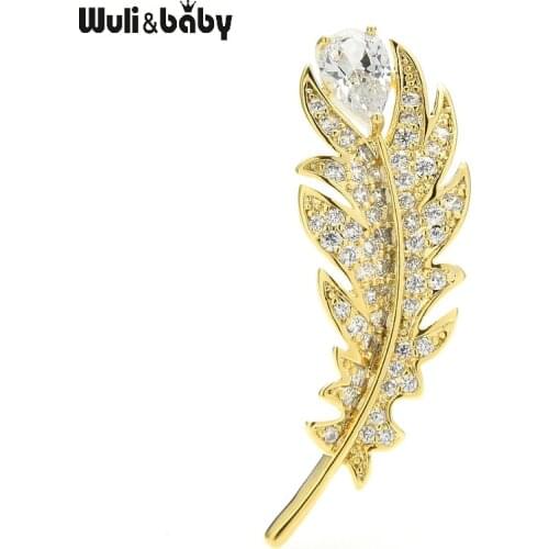 Wuli&baby Cubic Zirconia Feather Brooches For Women Unisex Small Feather Collar Pins Gifts