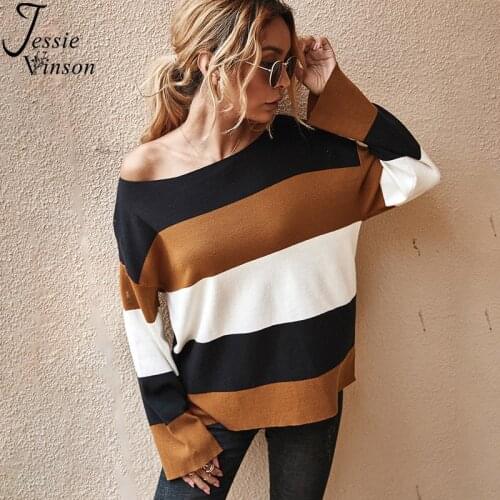 Jessie Vinson Casual Loose Striped Sweat Women Slash Neck Pullover Womens Sweaters Autumn Winter Warm Knit Sweater Jumper
