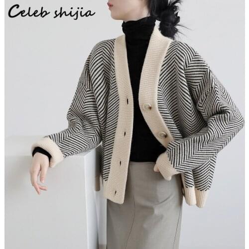 SHIJIA Vintage Harajuku Sweater Fall 2021 Women Cardigans V-neck Elegant Long Sleeve Striped Knit Coat Winter Single Breasted