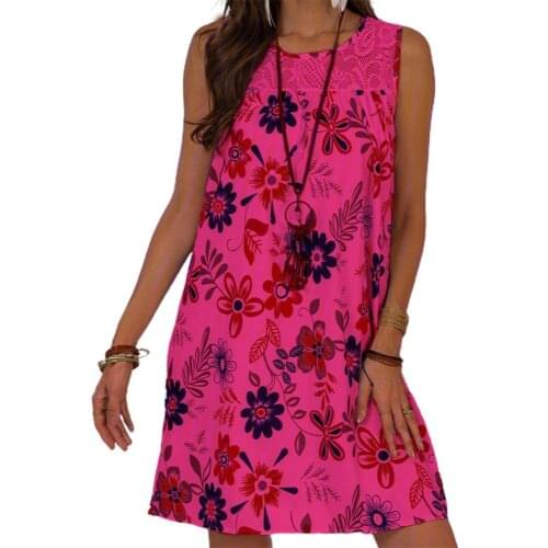 Summer Ladies Dress Vintage Floral Print Lace Stitching Female Sundress Casual Sleeve Loose A Line Dress Beach Robe Femme