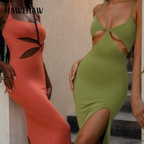 Hawthaw Women Summer Fashion Hollow Out V Neck Sleeveless Party Pencil Split Long Dress Sundress 2021 Female Clothing Streetwear