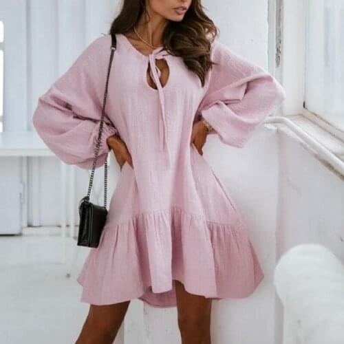 Ladies Elegant Solid Ruffles Party Dress 2021 Summer Sexy Hollow Out Lace-Up Design Dress Women Casual Long Sleeve Loose Dresses