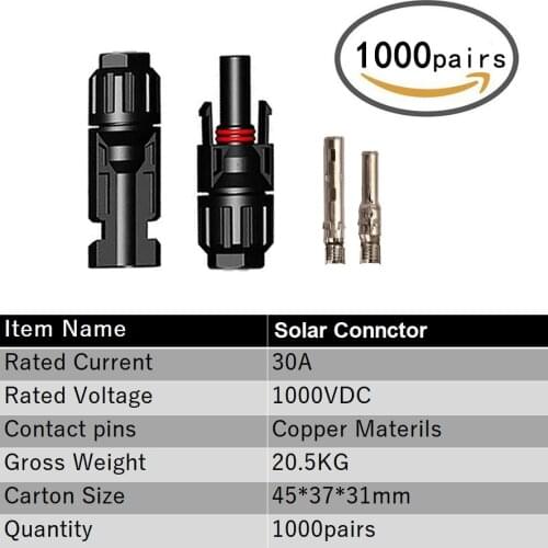 1000 Pairs / Carton PV Connector male and female Solar Panel Connector 30A 1000V for PV cable 2.5/4/6mm solar panels IP67