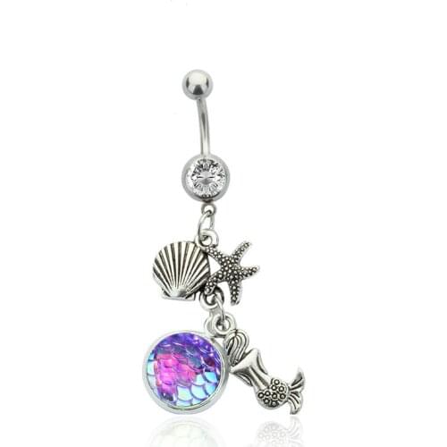 16G Body Piercing Jewelry with Silver Plated Rainbow Scales Mermaid Shaped Dangle Belly Button Ring for Women