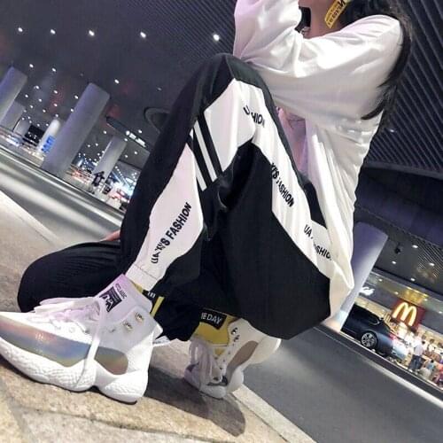 2020 Casual Baggy Black Pants Women Sweatpants Joggers Patchwork Striped Sweat Pants Print High Waist Trousers Streetwear Women