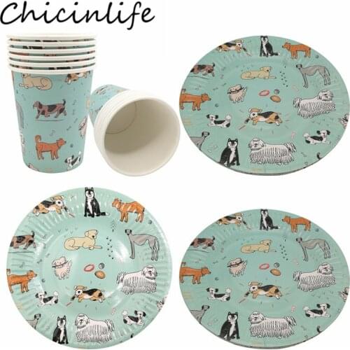 Chicinlife 6Pcs Dog Paper Plates Cups Disposable Tableware Happy Birthday Party Baby Shower Kids Dog Theme Pet Party Supplies