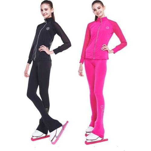 Customized Figure Skating Suits Jacket and Pants Long Trousers for Girl Women Training Ice Skating Warm black pink Mesh sleeve